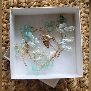 Coldwater Creek Chunky Stacked Shell and Aqua Beaded Gold Toned Necklace